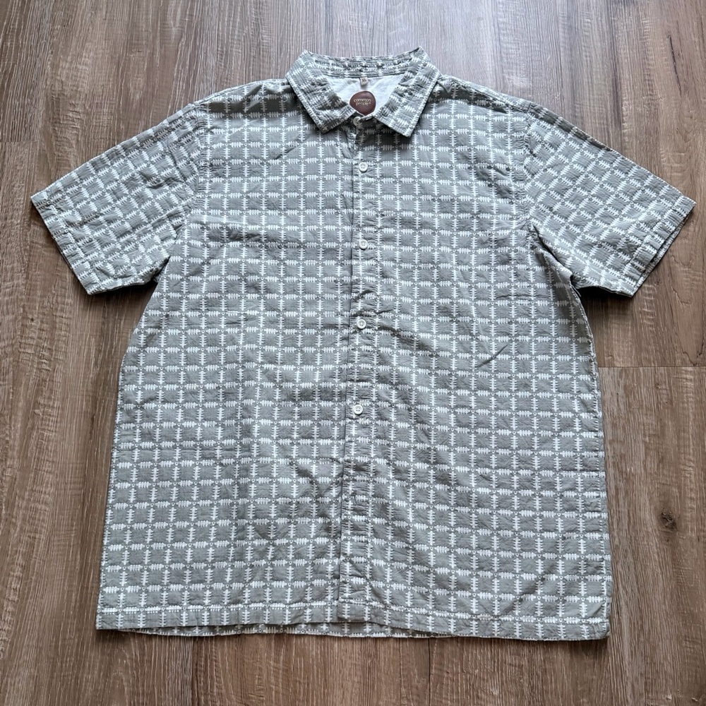 Common People Men's XL Luxury 100% Cotton‎ SS Button Down Shirt with Design NWOT